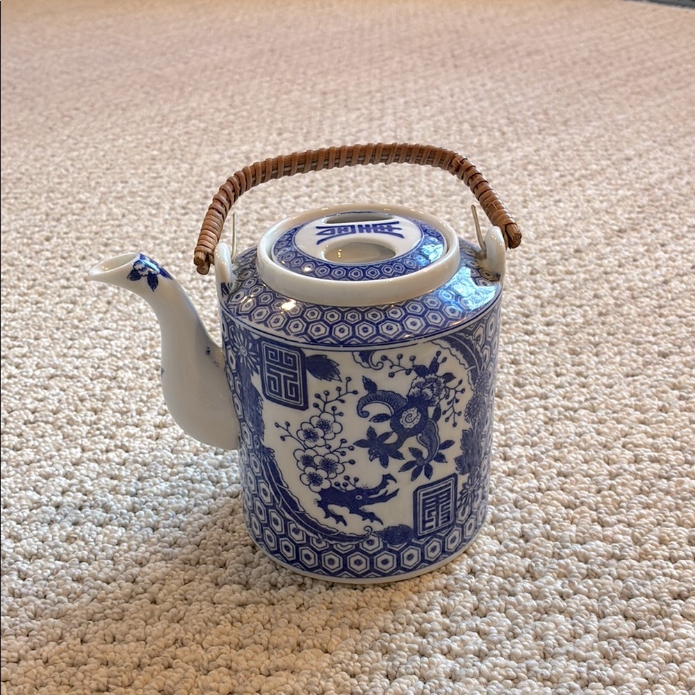 Vintage Blue and White Porcelain Teapot with Wicker Handle Norleans
